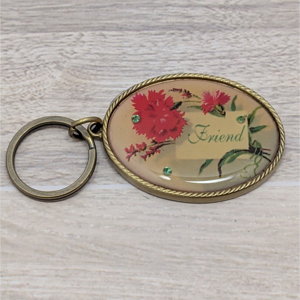 Vintage Avon Keychain Keyring "Friendship Warms The Heart" Floral Gold tone